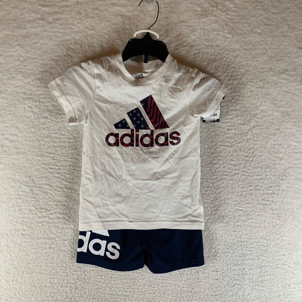Adidas Kids American Flag Boy 2-Piece Set Logo Shirt and Navy Short Size‎ 2T NWT